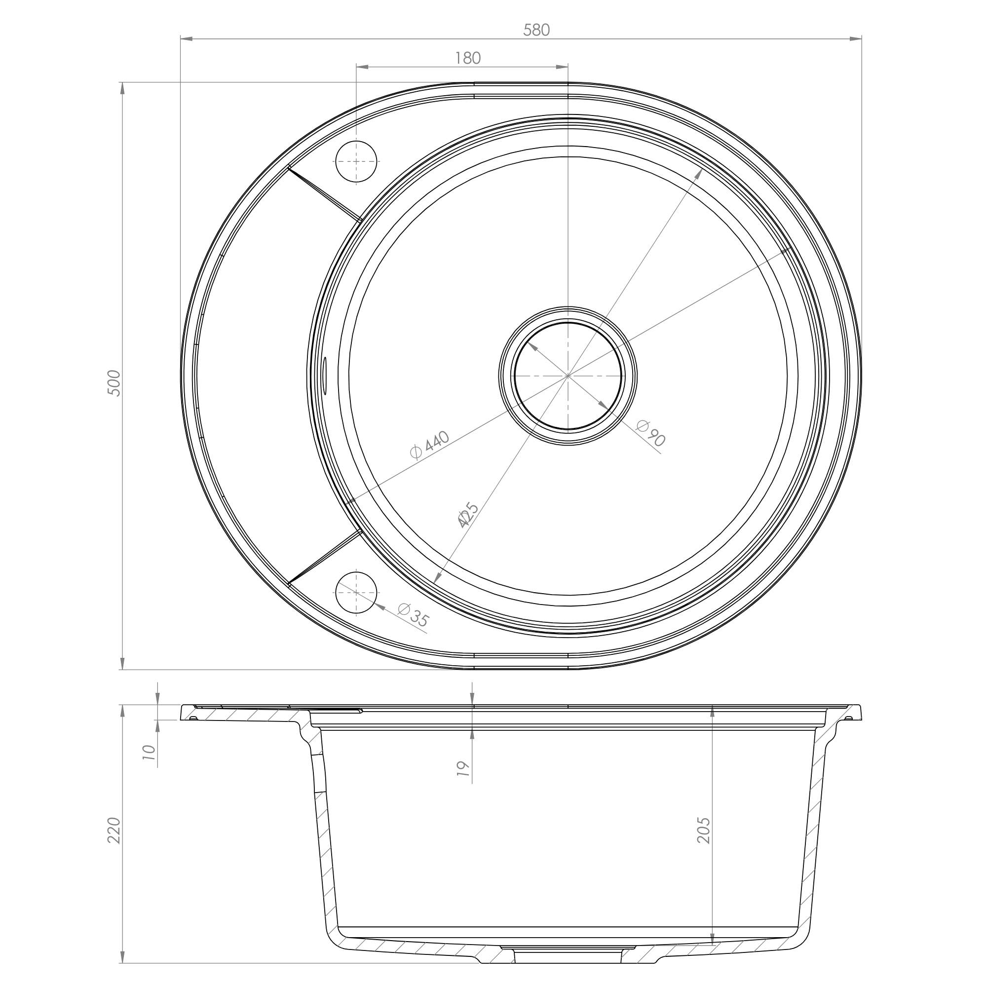 Rysunek techniczny zlewu granitowego Oval